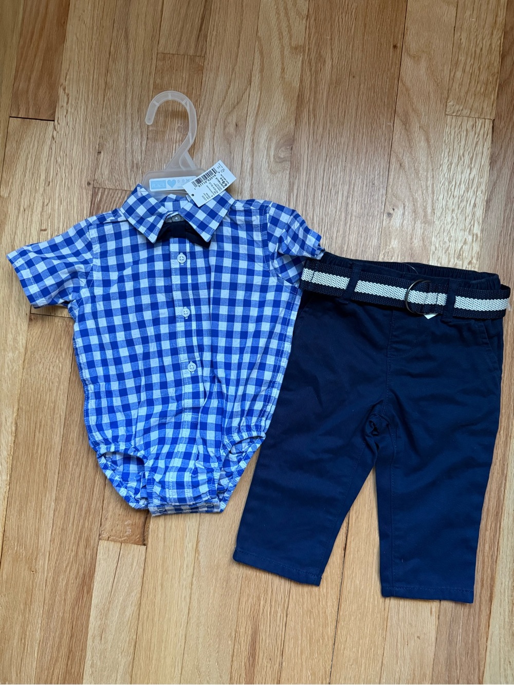 The Children's Place Blue Gingham Bodysuit with Navy Pants & Belt